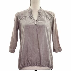 CHARLOTTE Russe 3/4 Sleeve Tan White Striped V-Neck Buttoned Keyhole Blouse